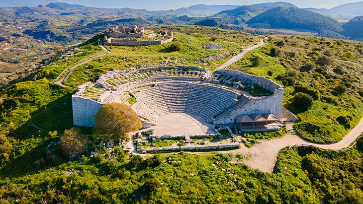 An aerial view over the Greek Theatre in Segesta, Italy